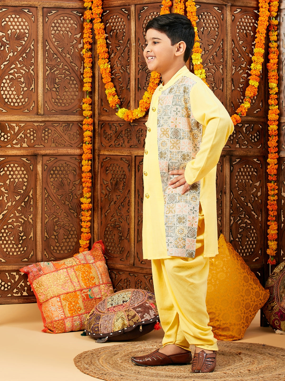 Boys Below knee Printed Kurta Set - Yellow