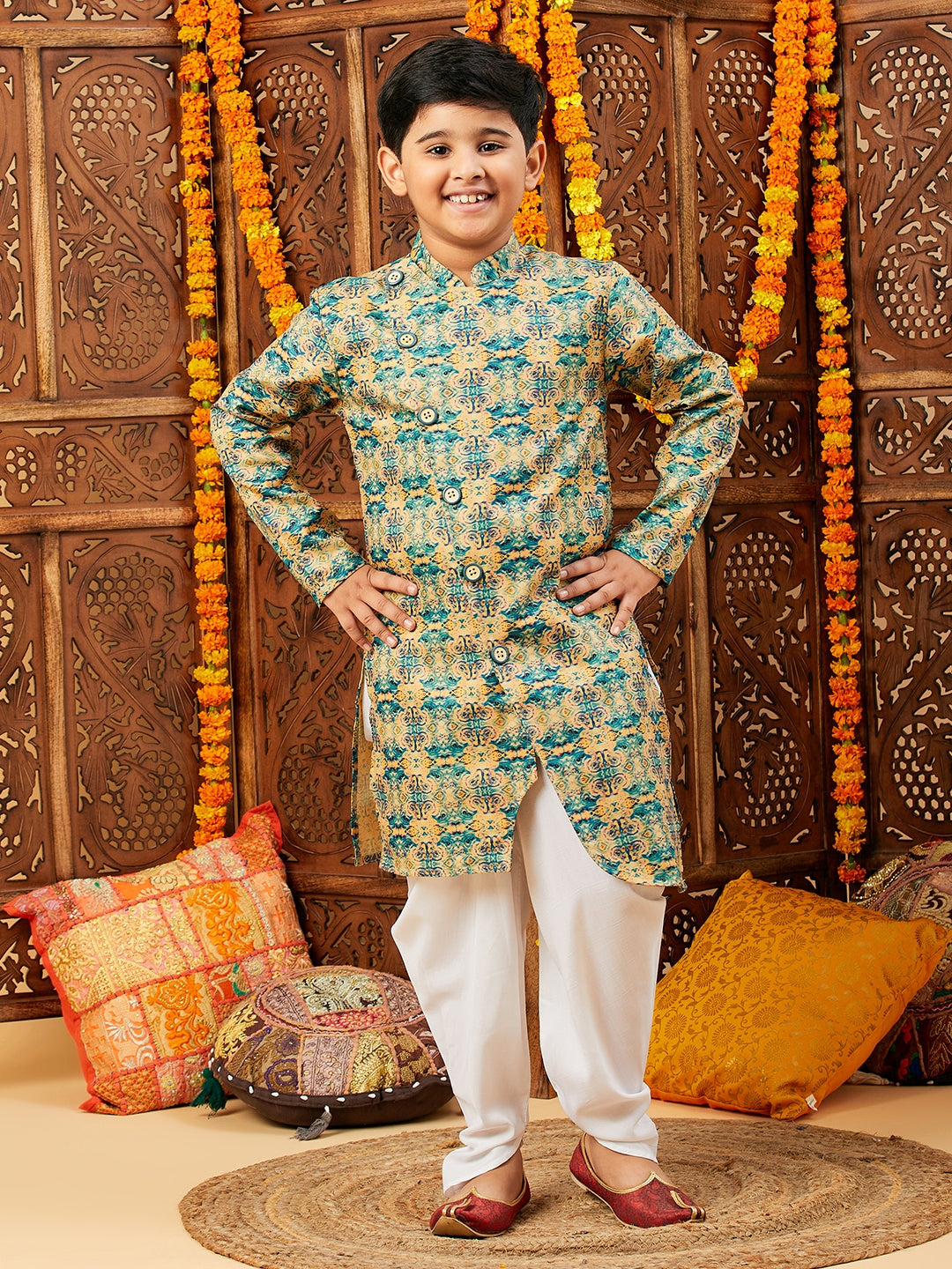 Boys Below knee Printed Kurta Set - Green