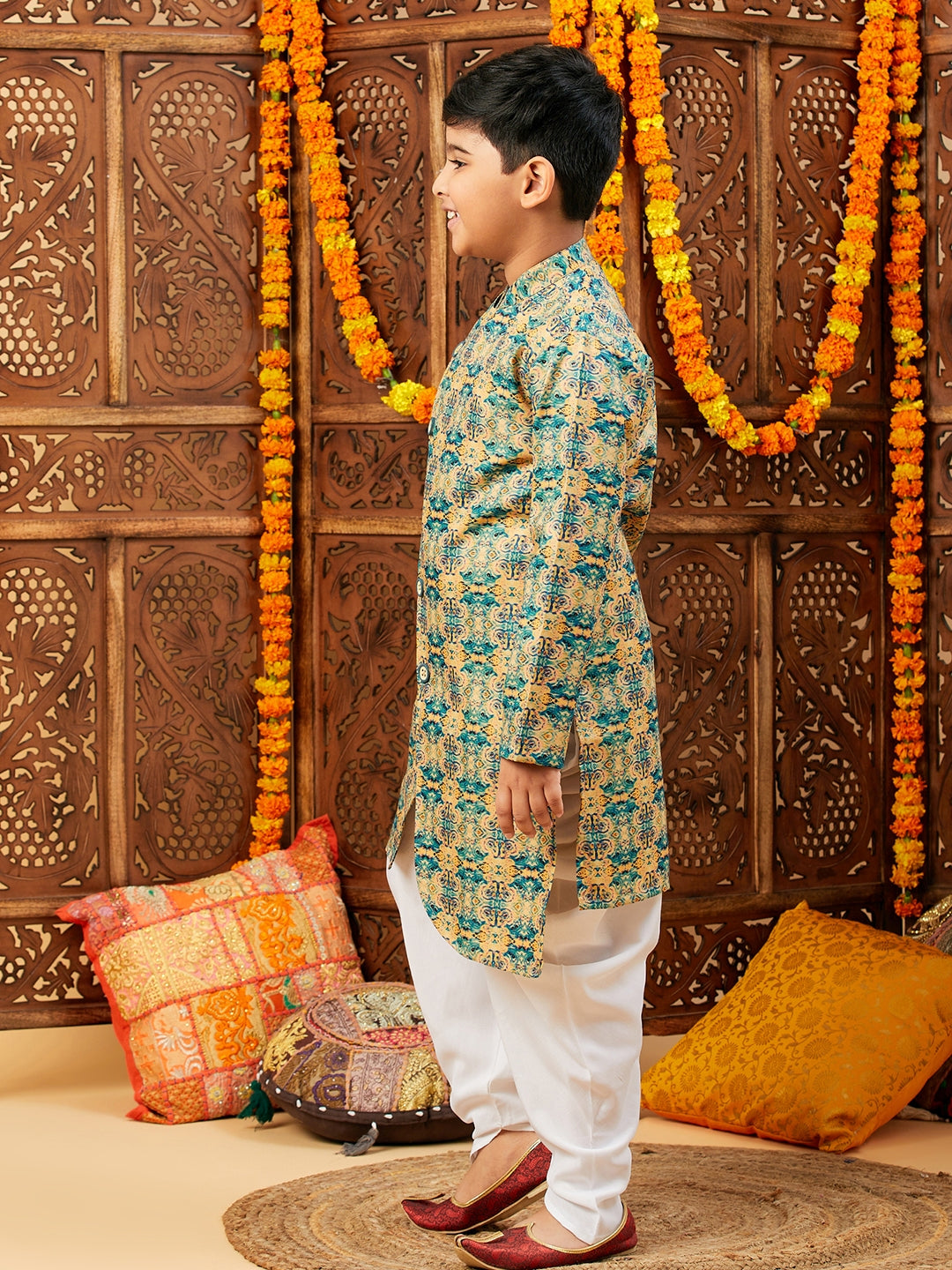 Boys Below knee Printed Kurta Set - Green