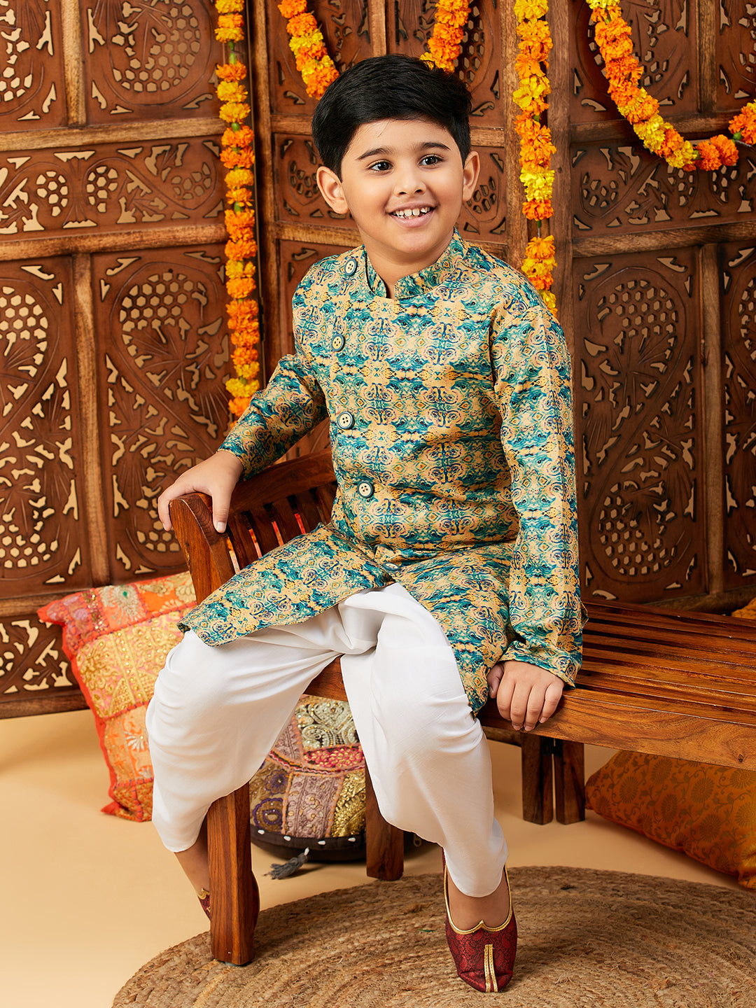 Boys Below knee Printed Kurta Set - Green