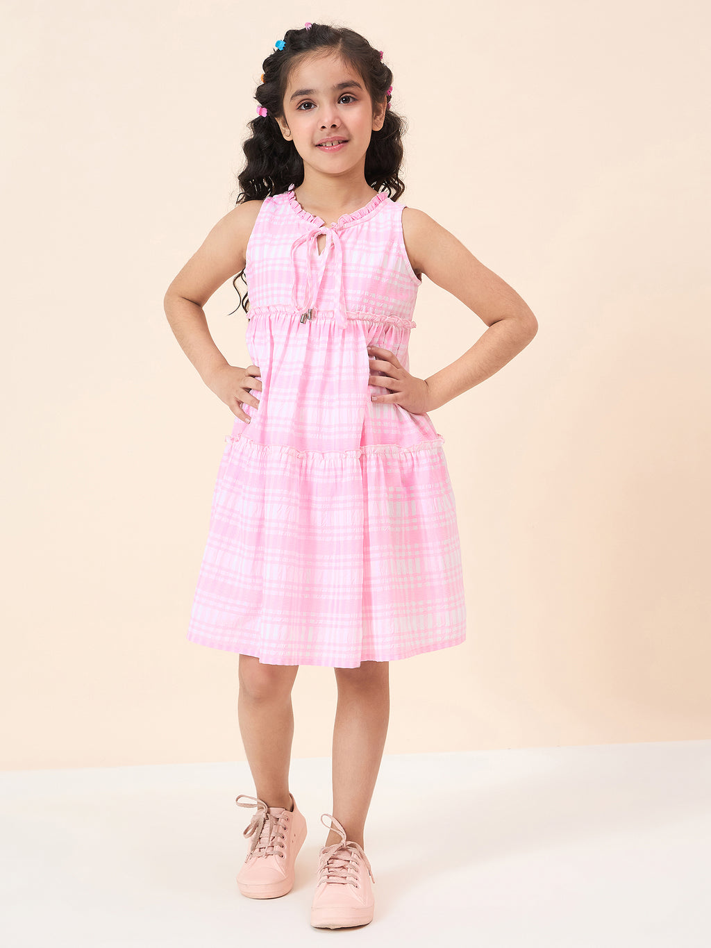 Girls Knee Length All over Print Dress - Pink