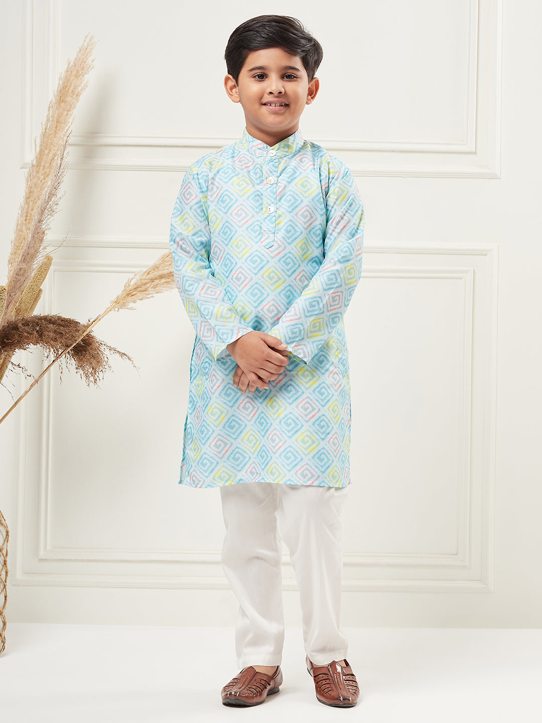 Boys Above Knee All over print Kurta Set - Blue