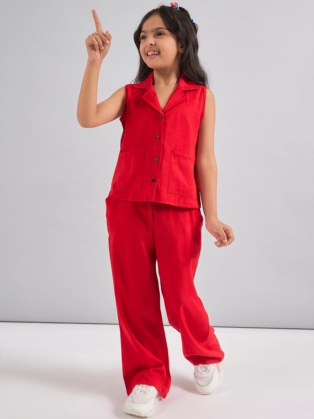Girls Ankle Length Solid Top With Pants - Red