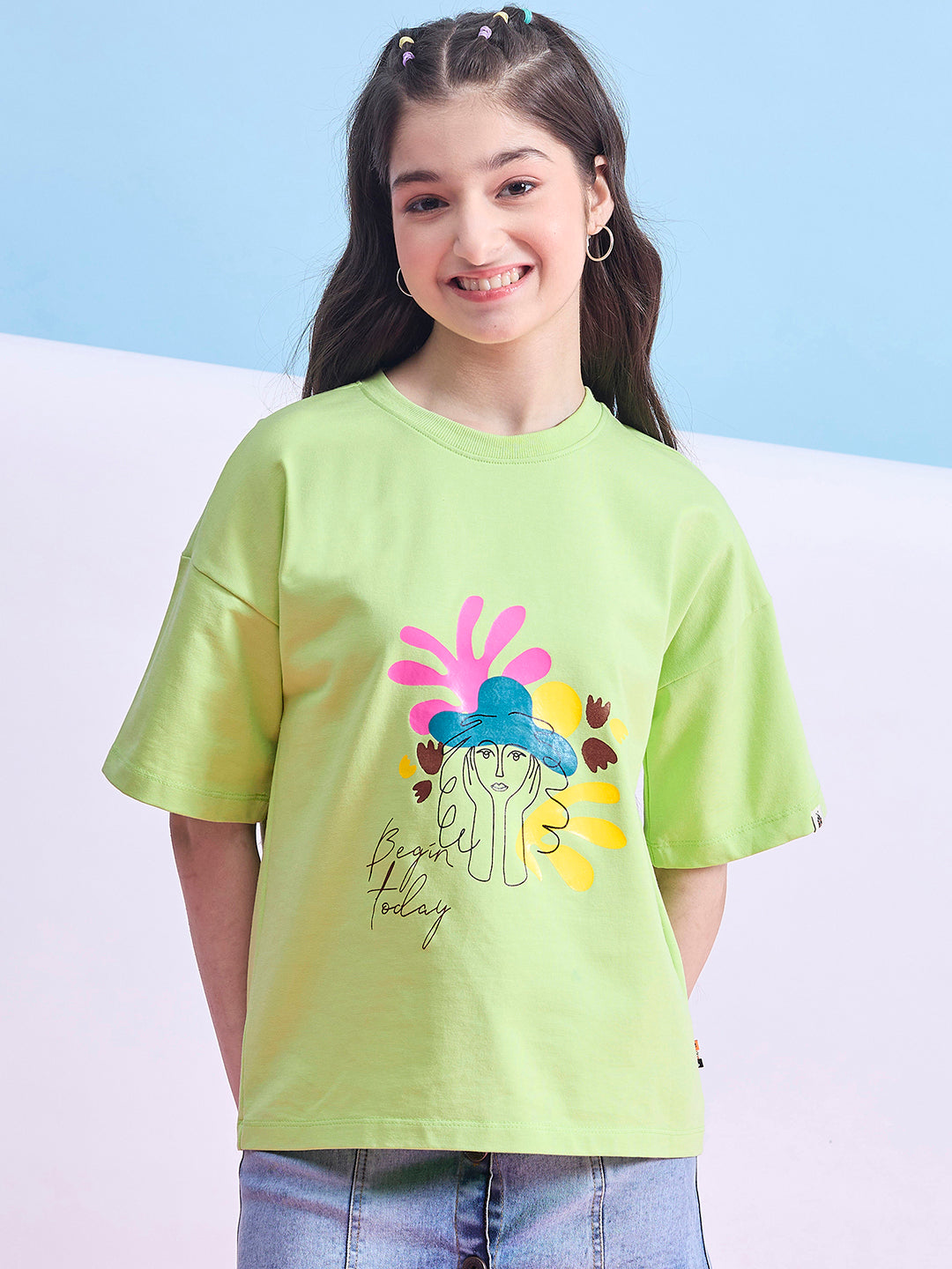 Girls Hip length Printed T-shirt - Green