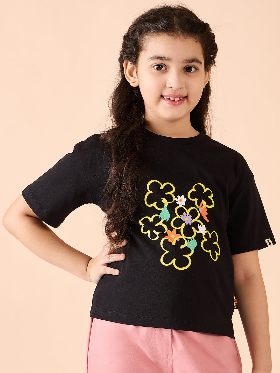 Girls Hip length Printed T-shirt - Black