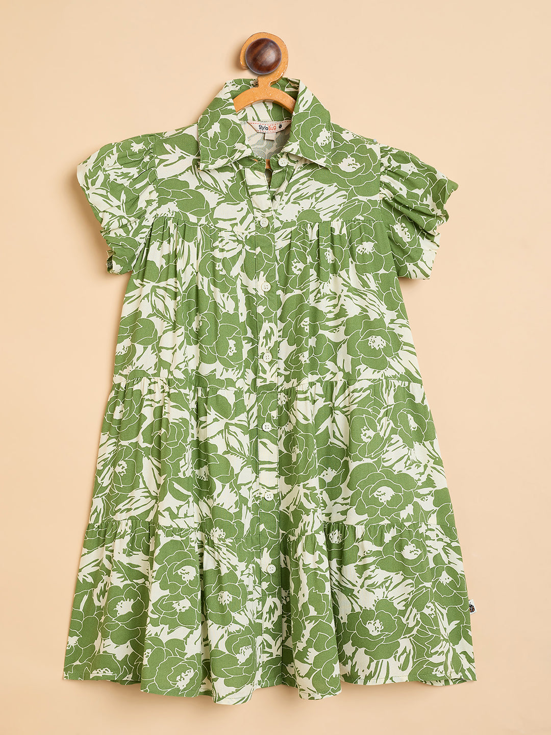 Girls Knee Length All over Print Dress - Green