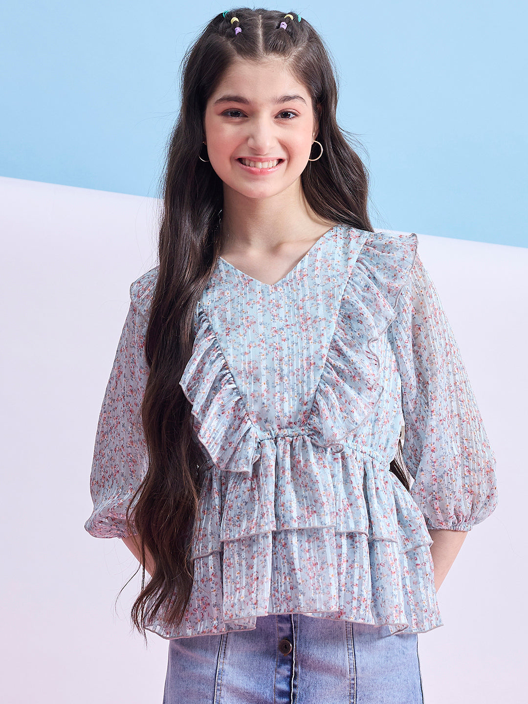 Girls Hip length Printed Top - Blue