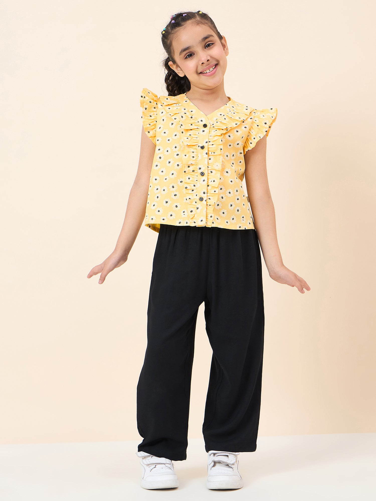 Girls Ankle Length All over Print Top With Pants - Yellow