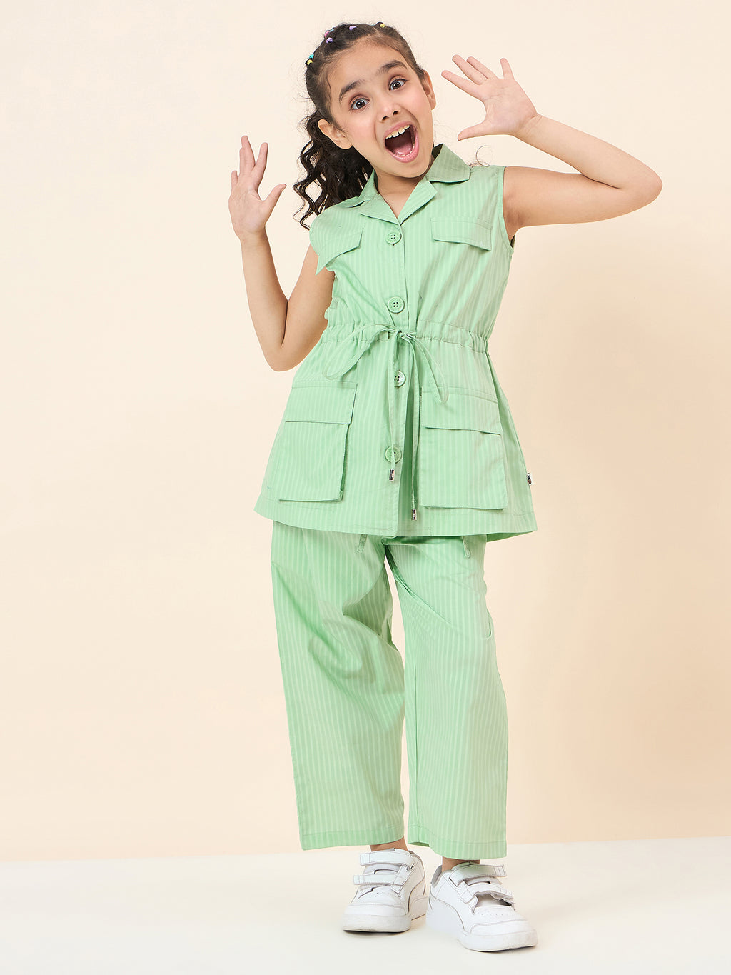 Girls Ankle Length Solid Top With Pants - Green