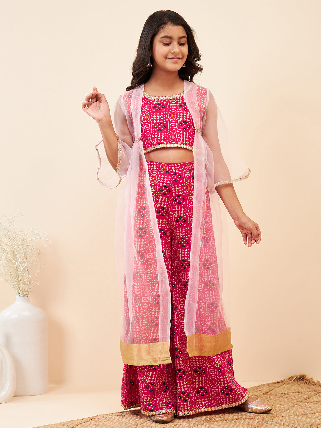 Girls Ankle Length Printed Kurti Set - Pink