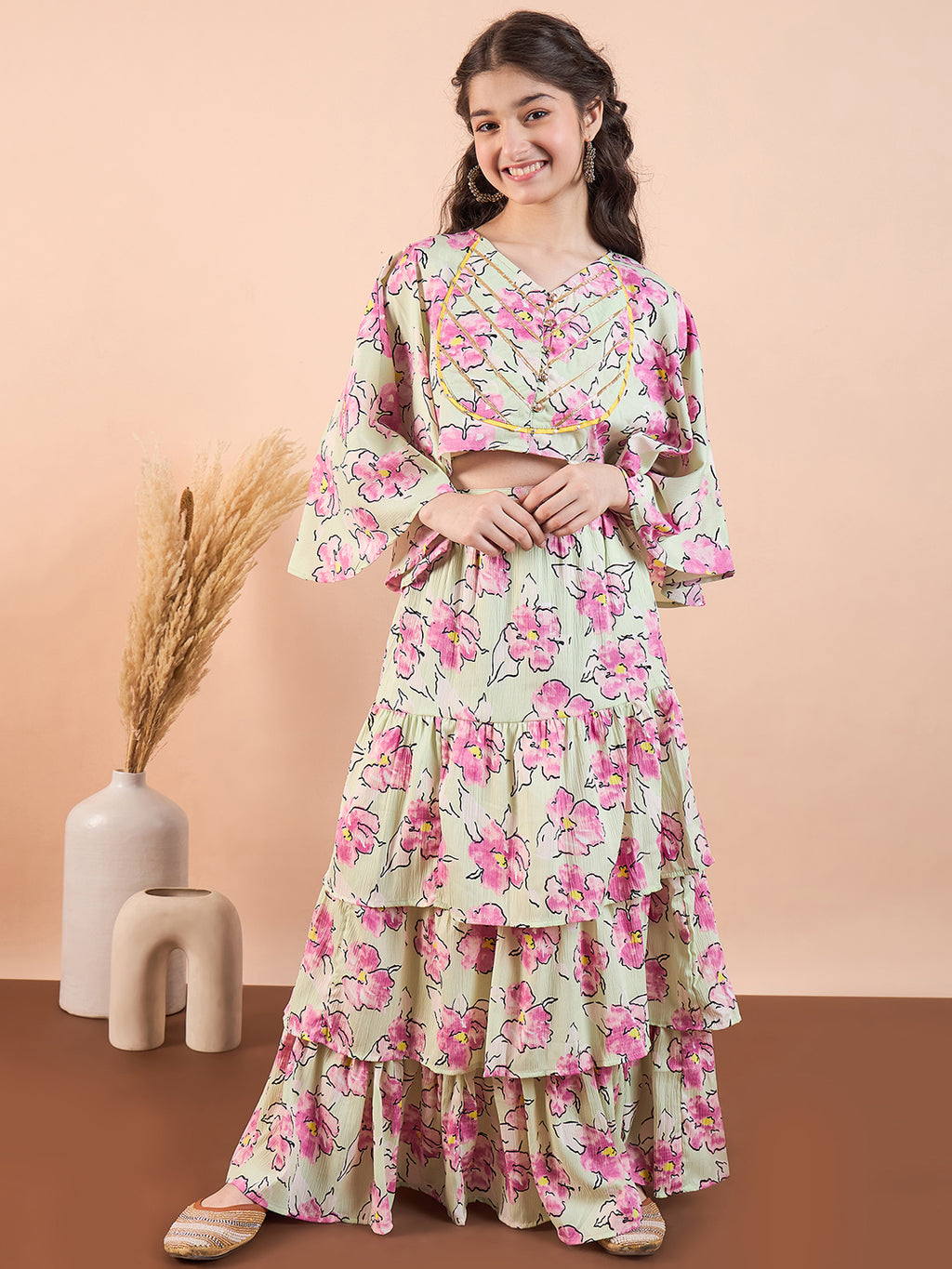 Girls Ankle Length Printed Lehenga Choli - Green