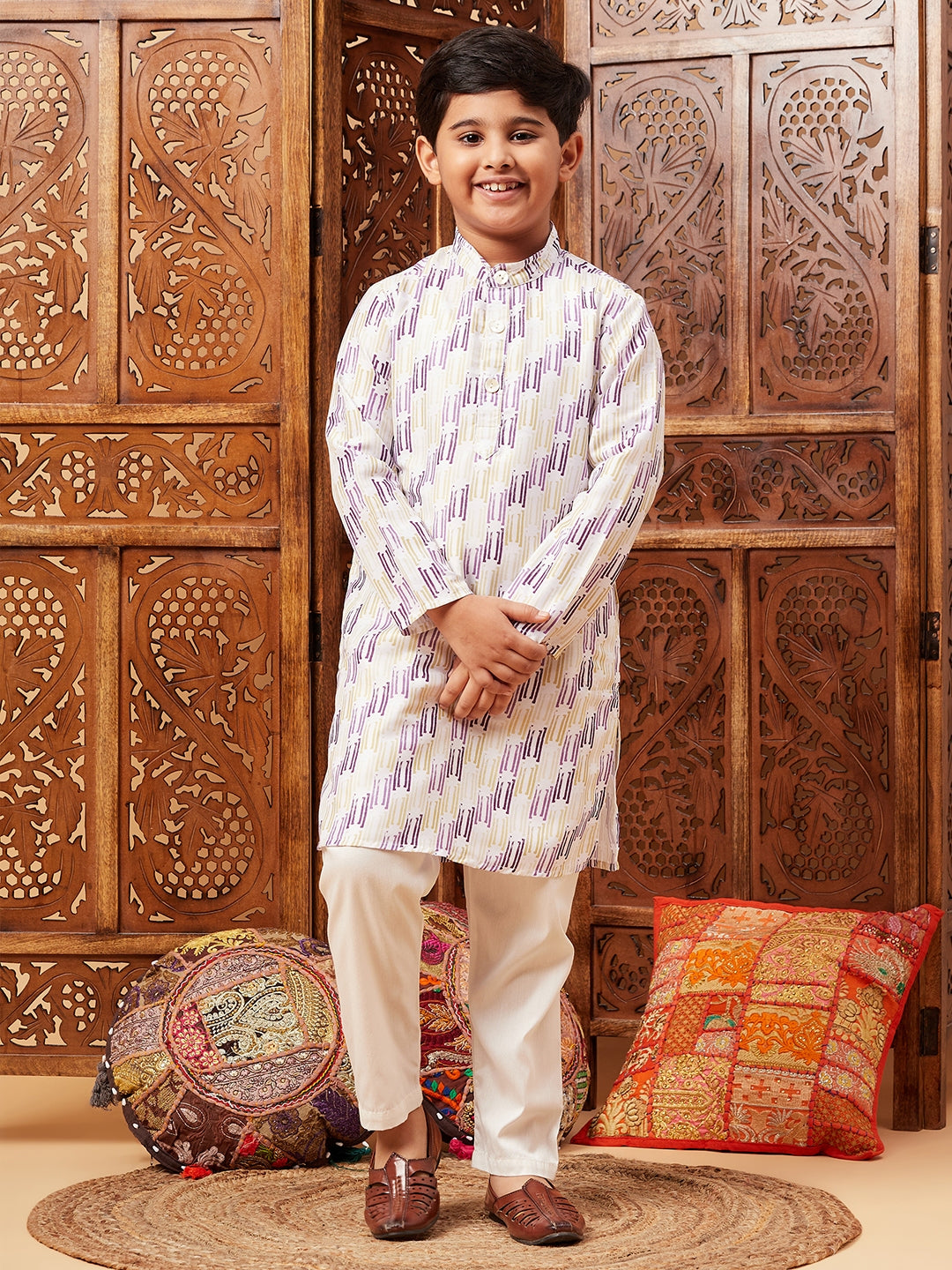 Boys Above Knee All over print Kurta Set - Purple