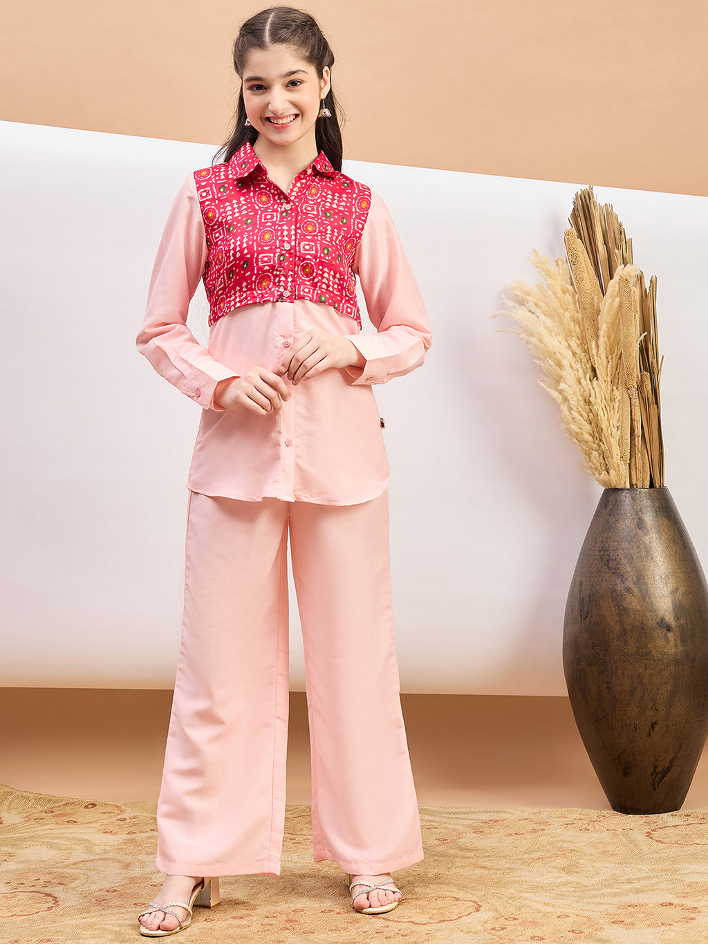 Girls Ankle Length Printed Kurti Set - Pink