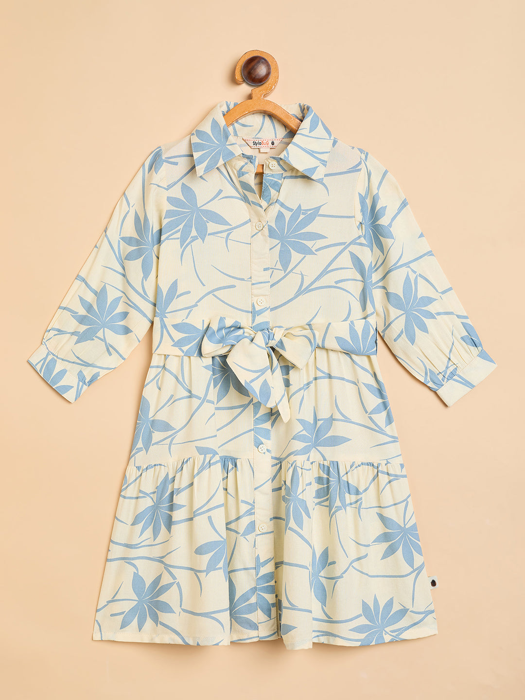 Girls Knee Length All over Print Dress - Off-White