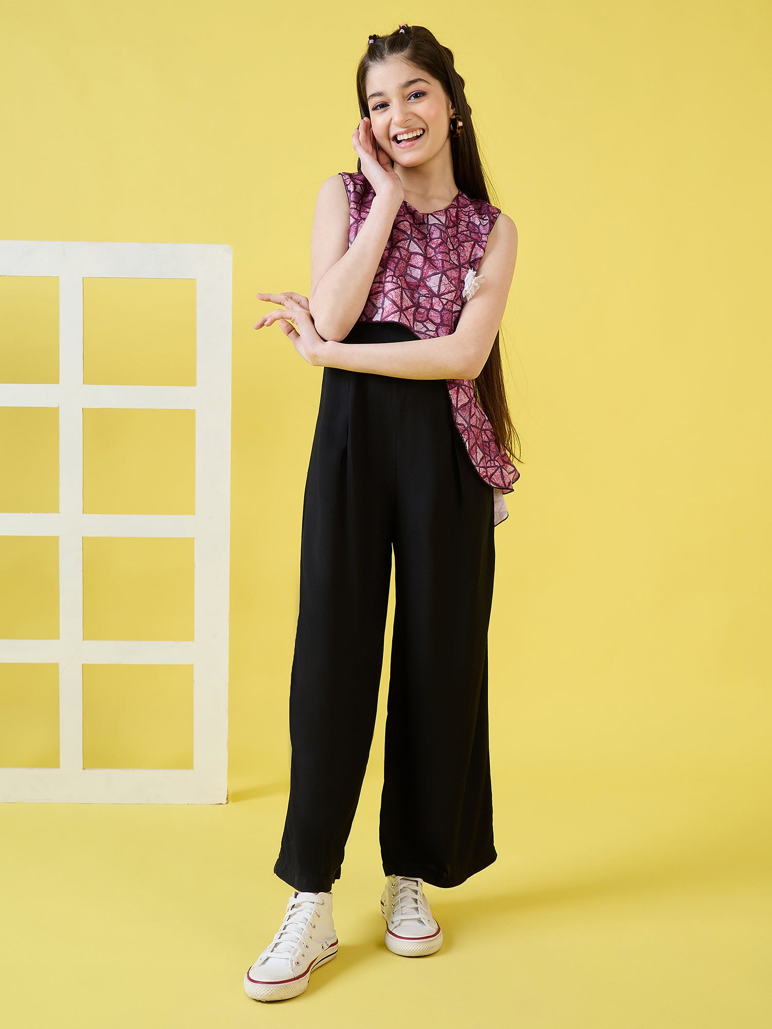Girls Ankle Length Printed Jumpsuit - Black