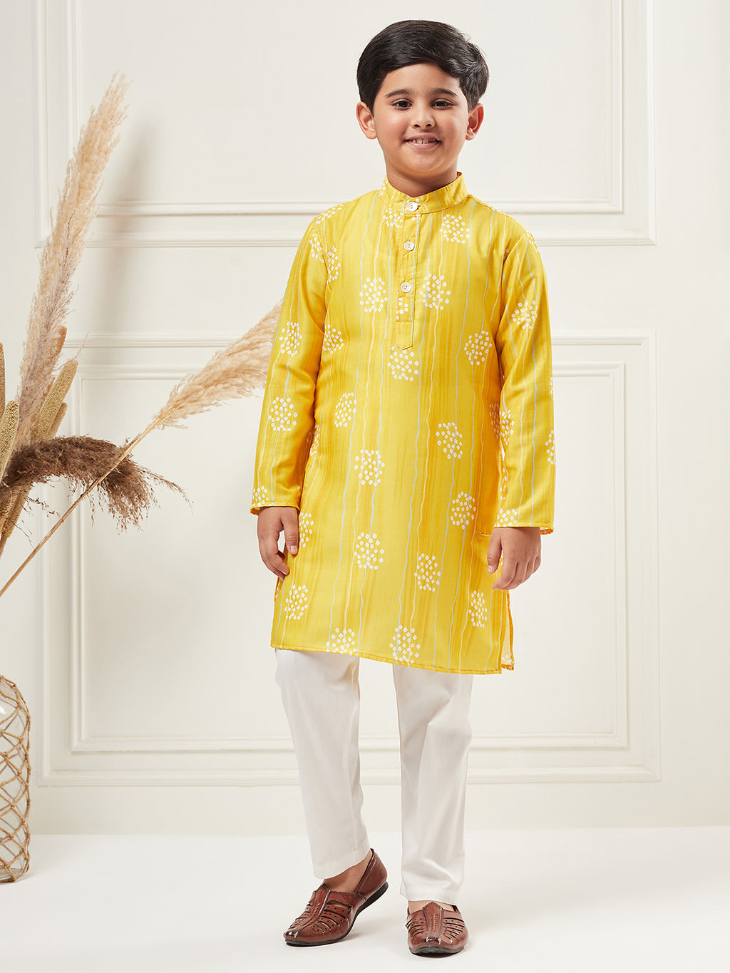 Boys Above Knee All over print Kurta Set - Yellow
