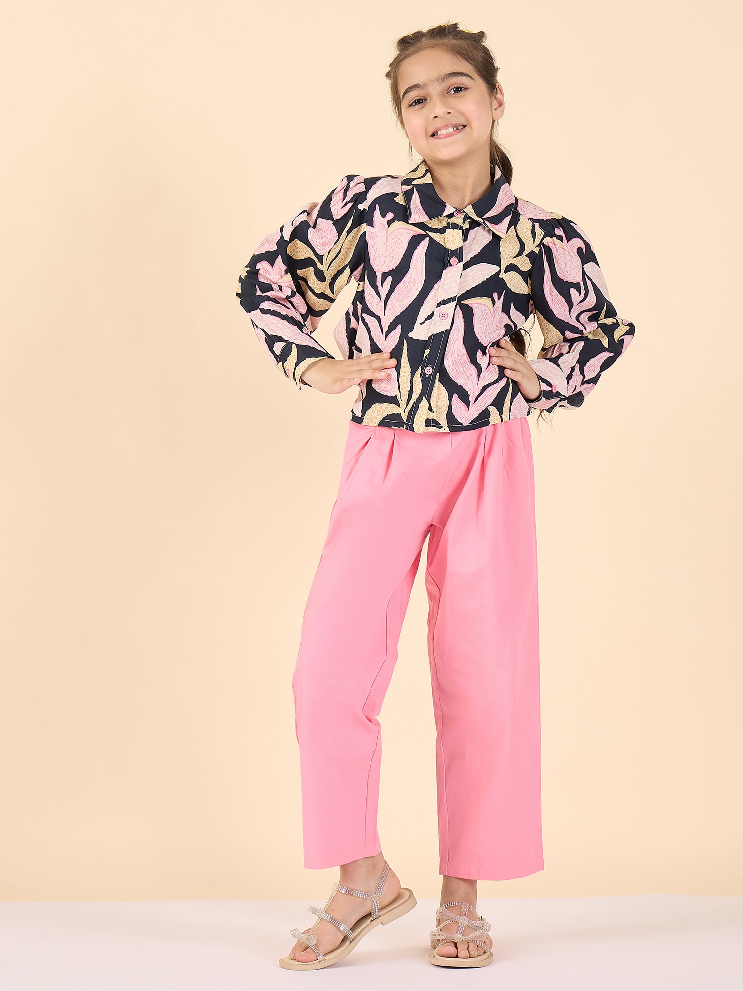 Girls Ankle Length All over Print Top With Pants - Black