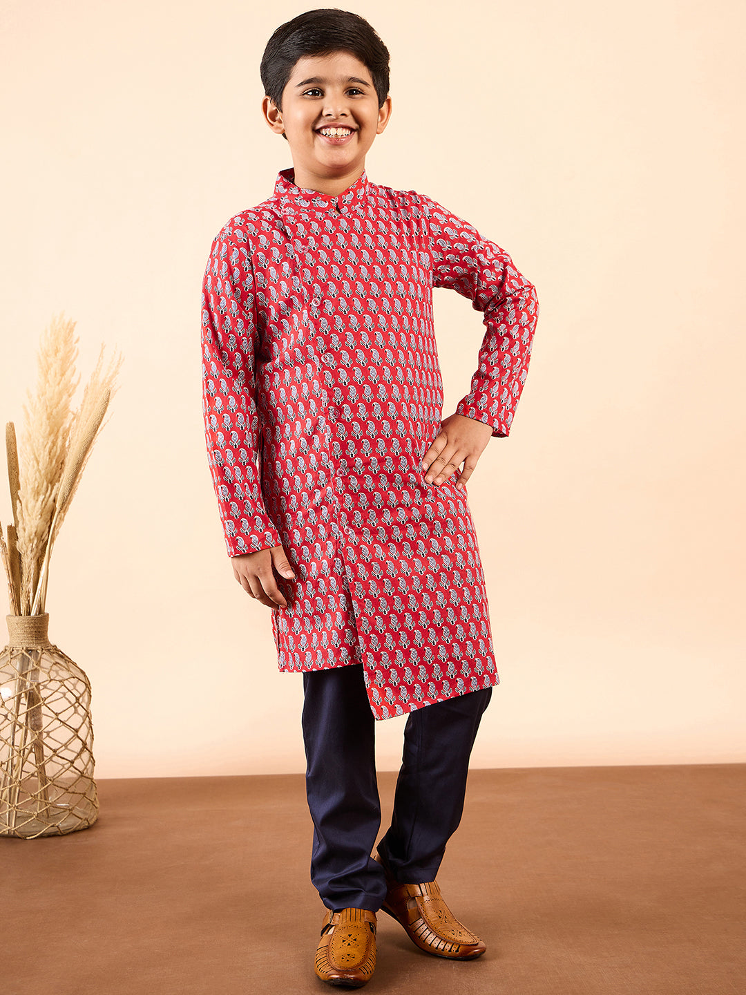 Boys Knee Length Printed Kurta Set - Red