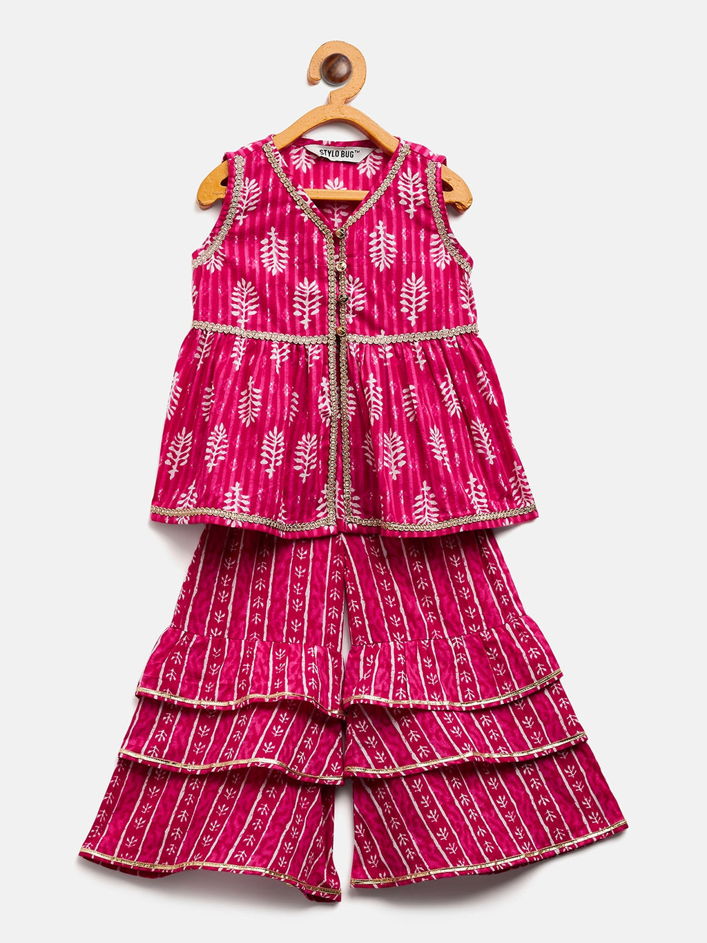Girls Above Knee Printed Kurti Set - Pink