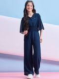 Girls Ankle Length Solid Top With Pants - Navy Blue