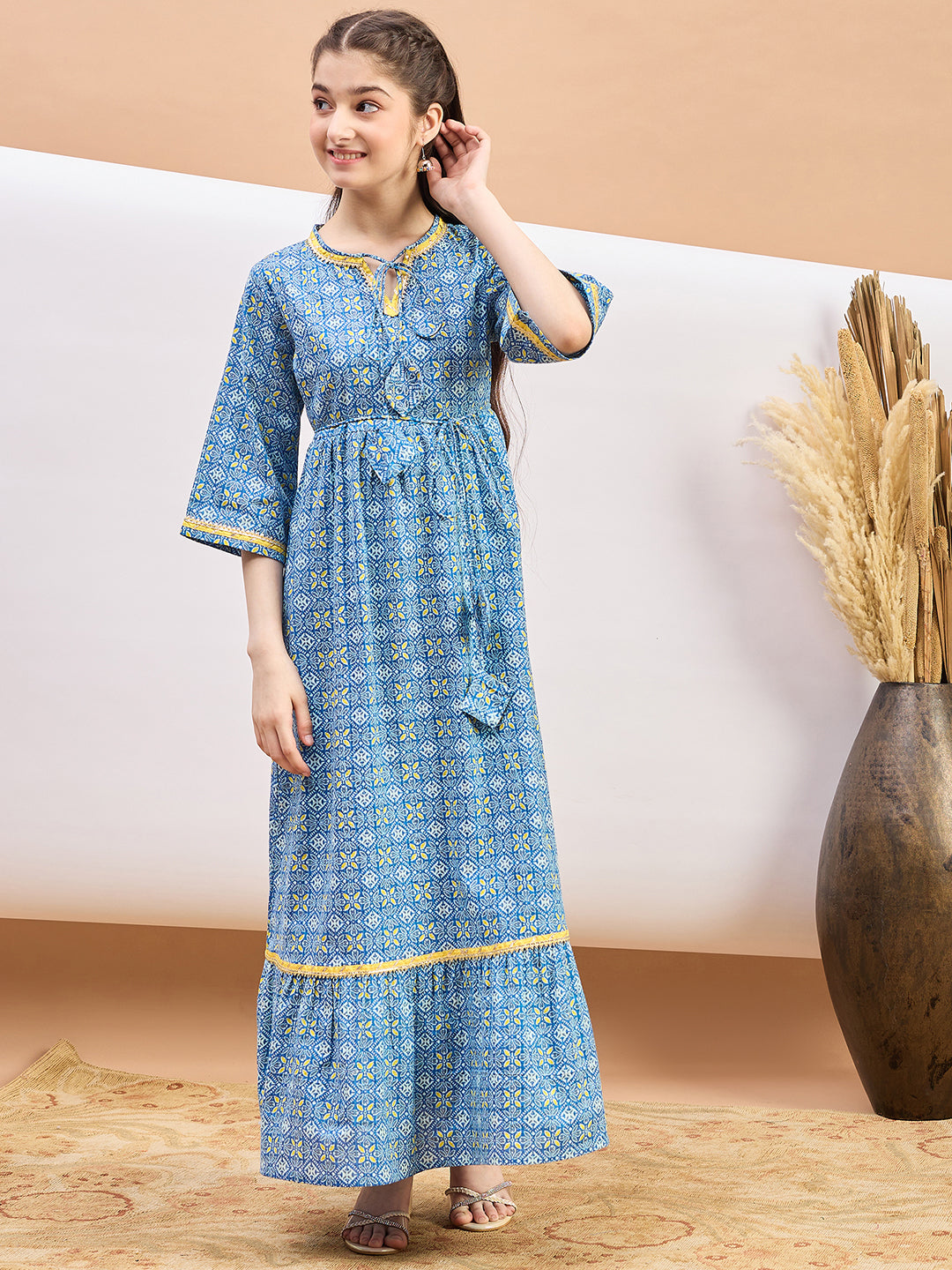 Girls Ankle Length Printed Dress - Blue
