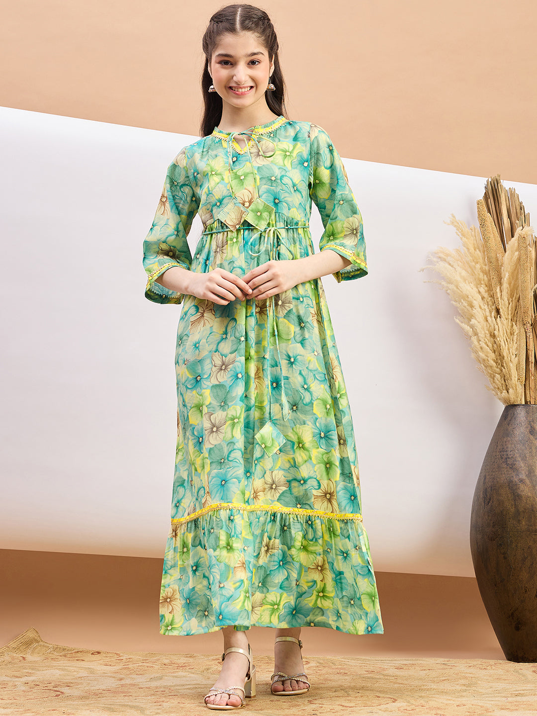 Girls Ankle Length Printed Dress - Green