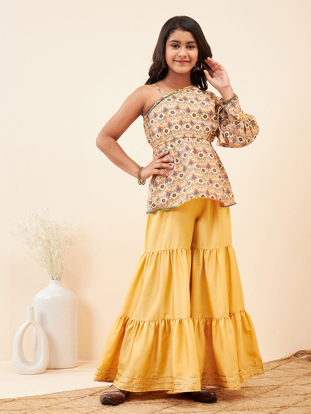 Girls Above Knee Printed Kurti Set - Yellow