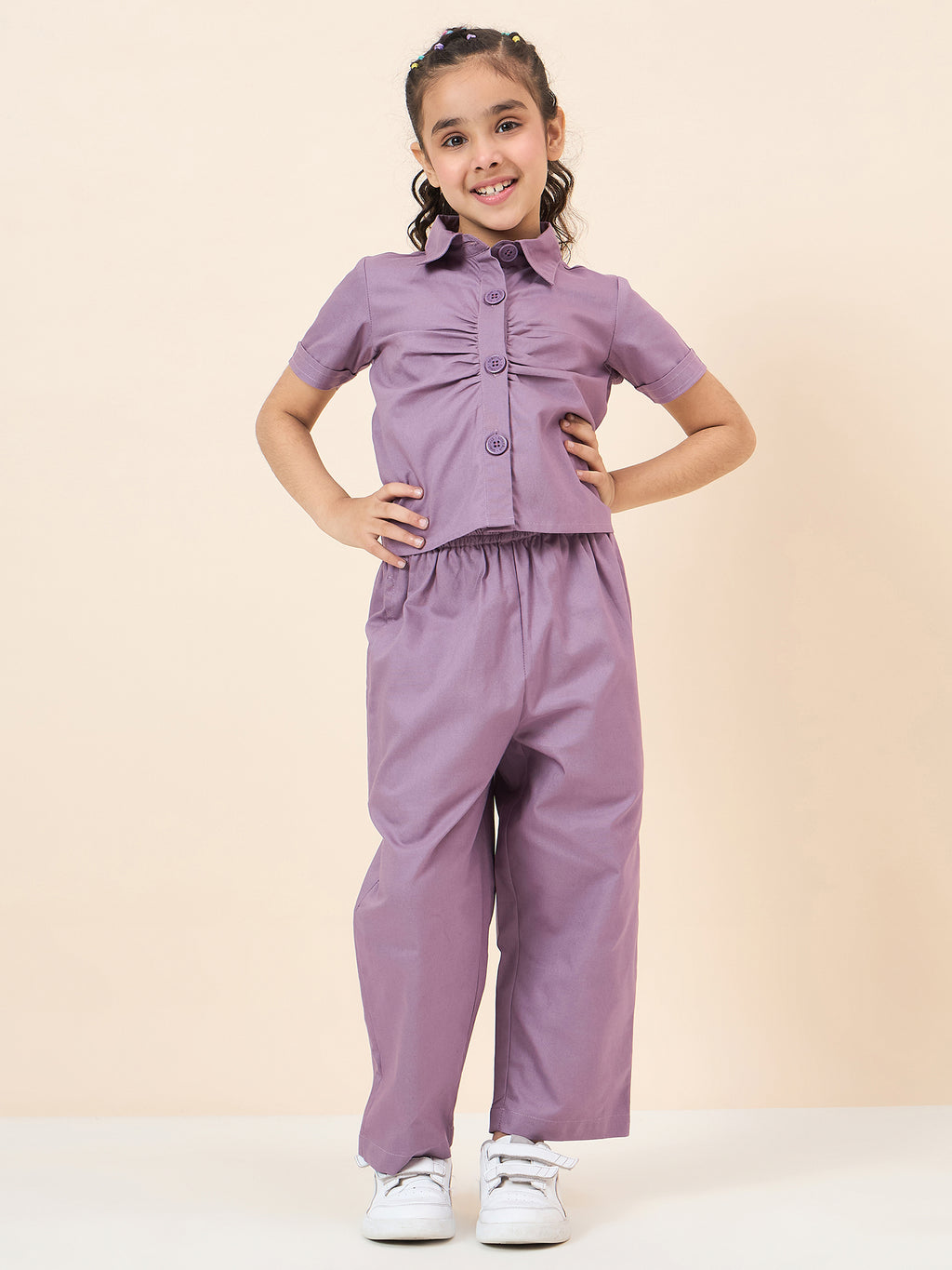 Girls Ankle Length Solid Top With Pants - Purple