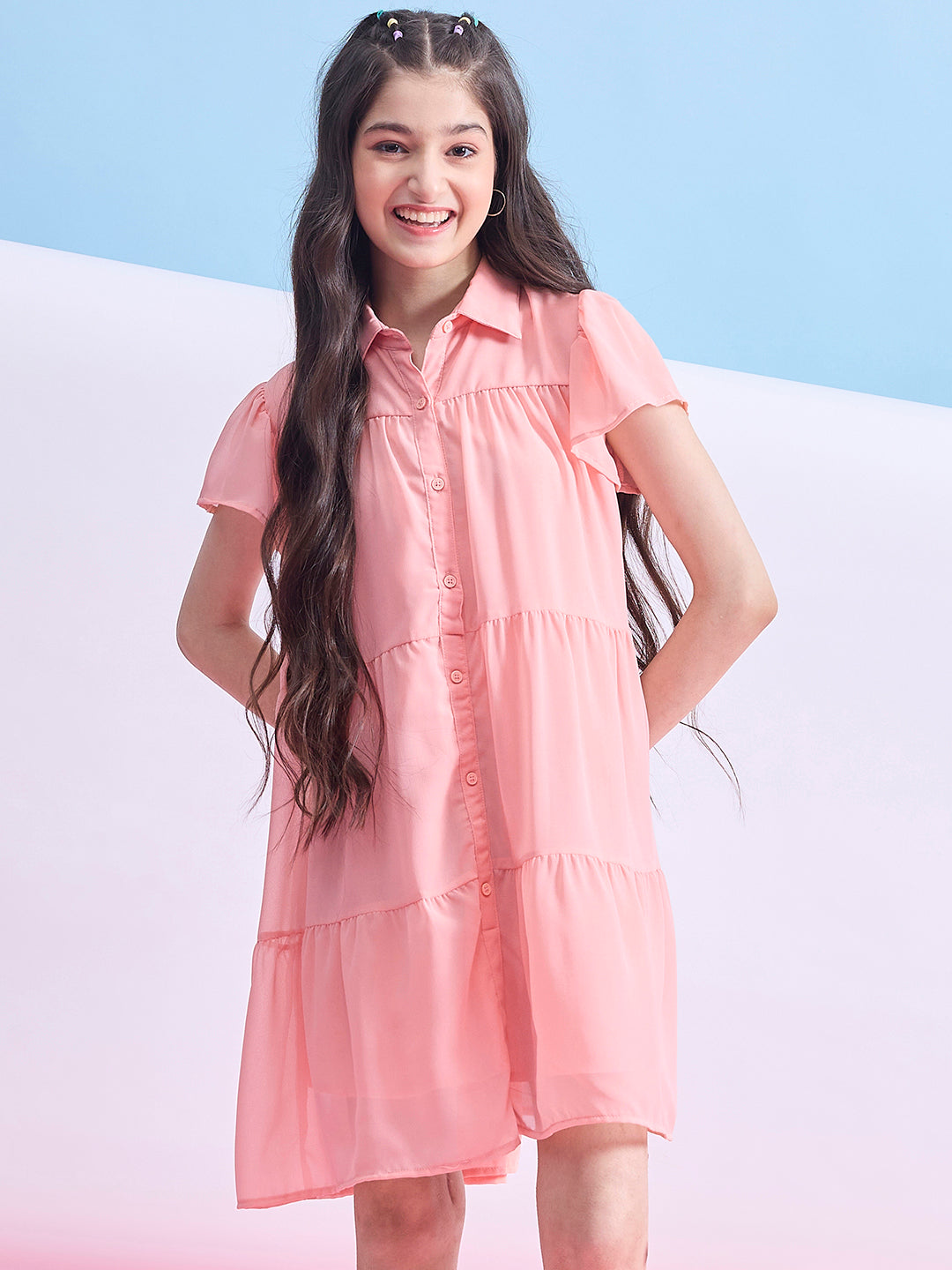 Girls Above Knee Solid Dress - Peach