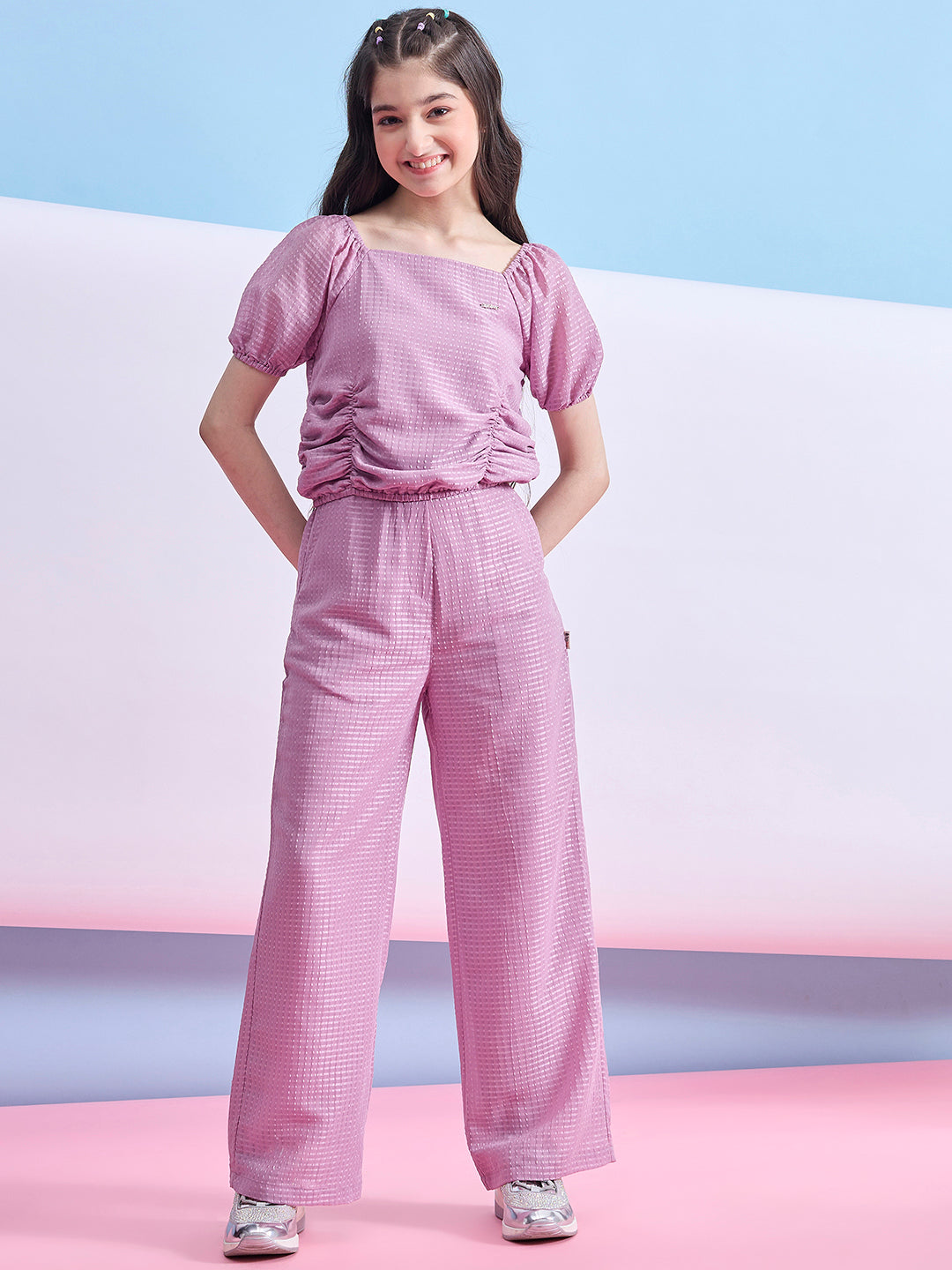 Girls Ankle Length Solid Top With Pants - Pink