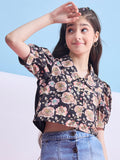 Girls Waist Length Printed Top - Black