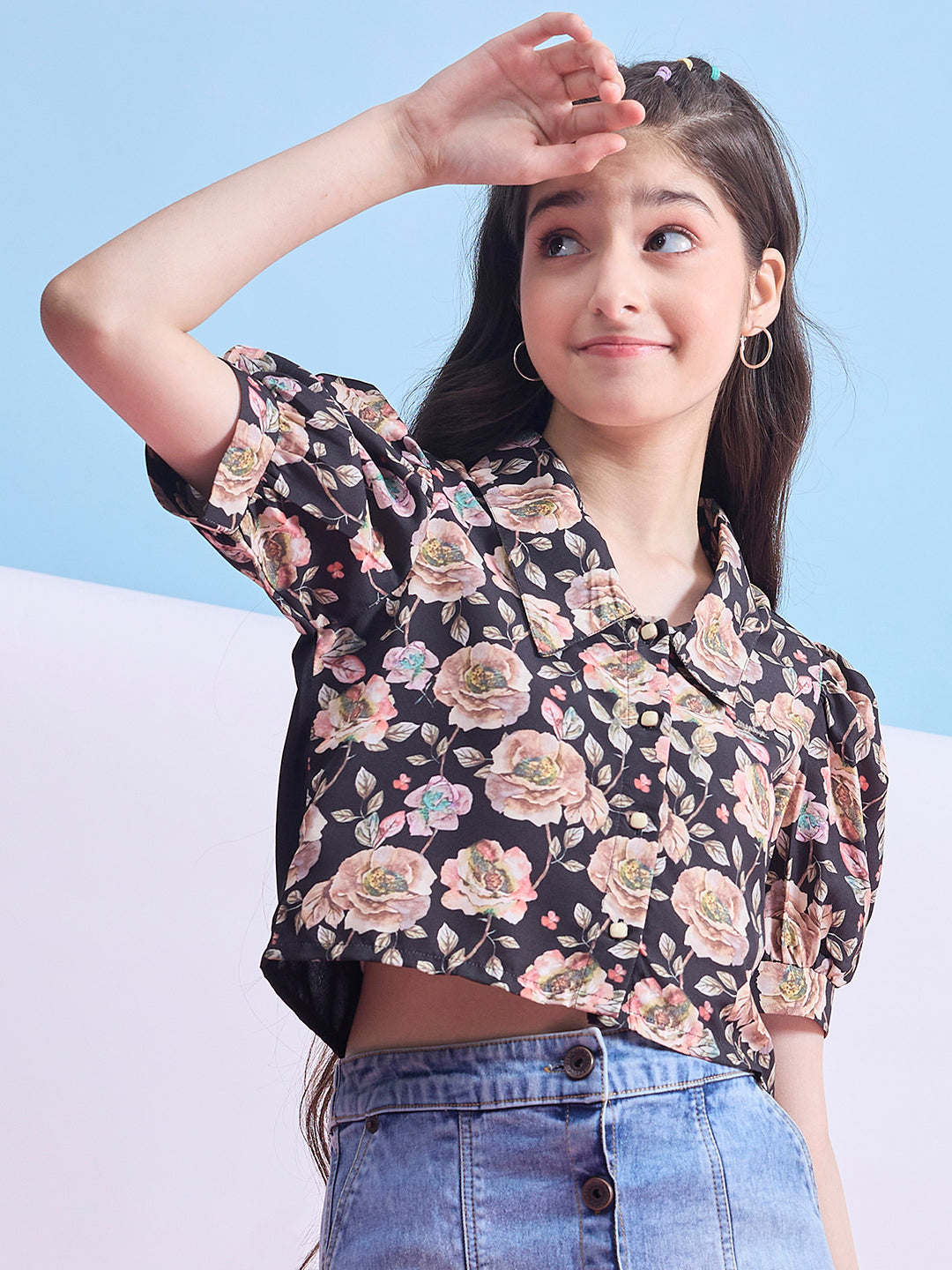 Girls Waist Length Printed Top - Black