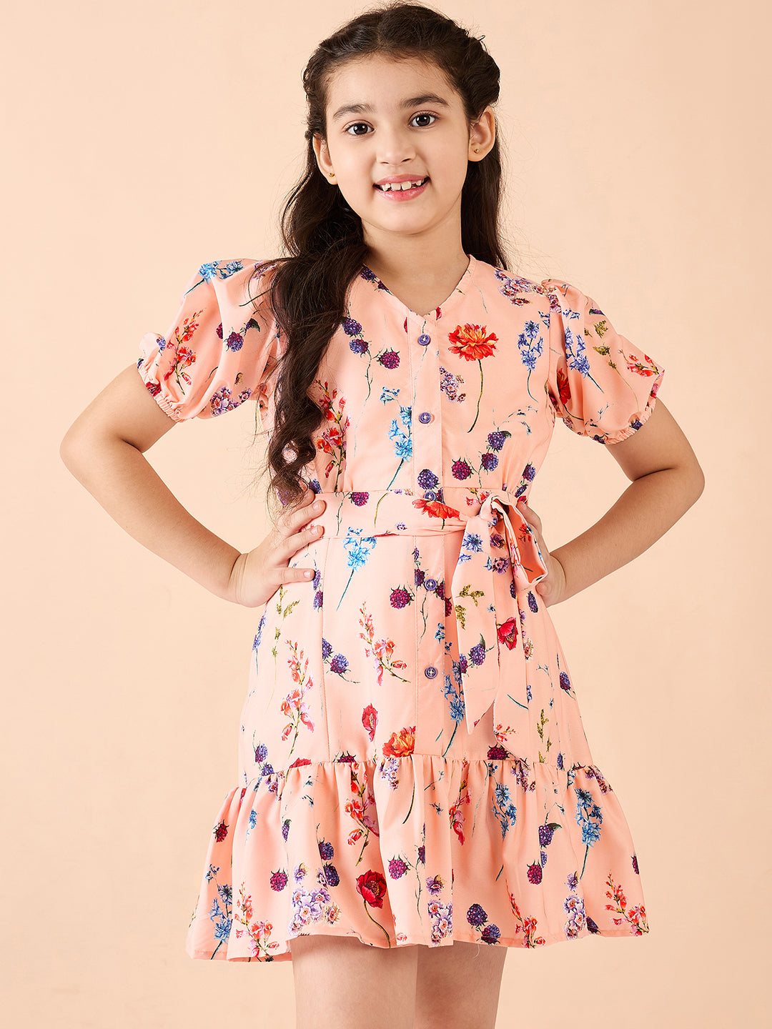 Girls Above Knee Printed Dress - Peach