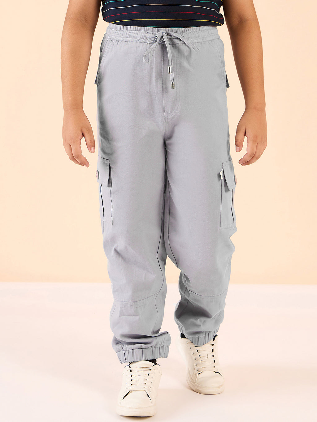 Boys Ankle Length Solid Cargo Pants - Grey