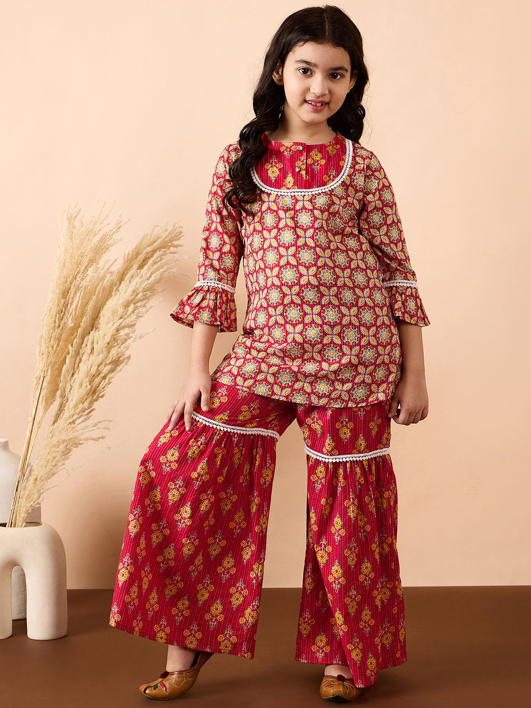 Girls Ankle Length All over Print Kurti Set - Red