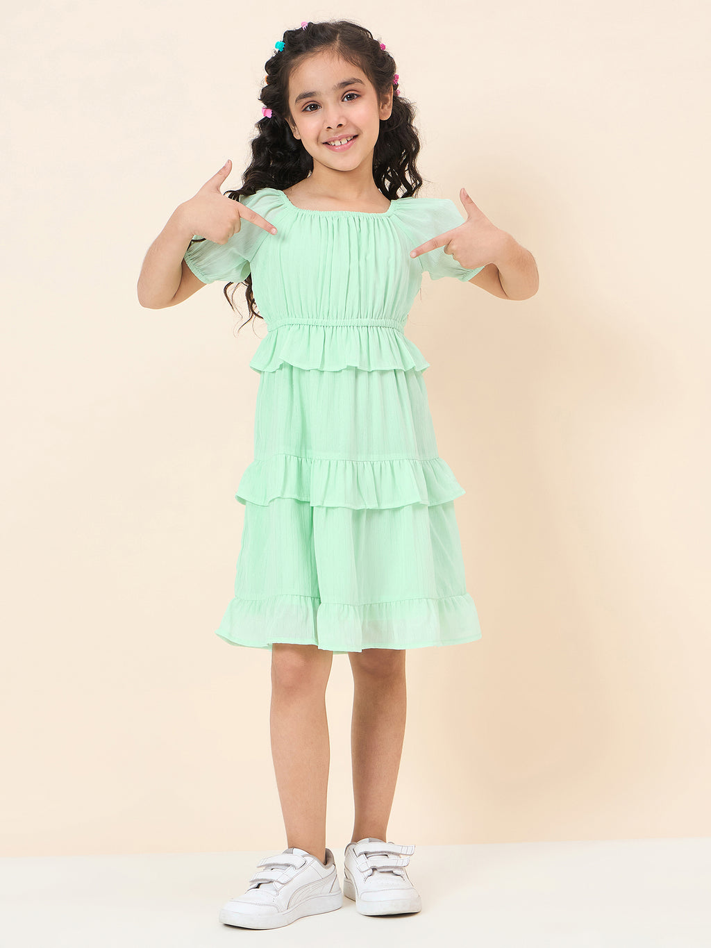 Girls Knee Length Solid Dress - Green