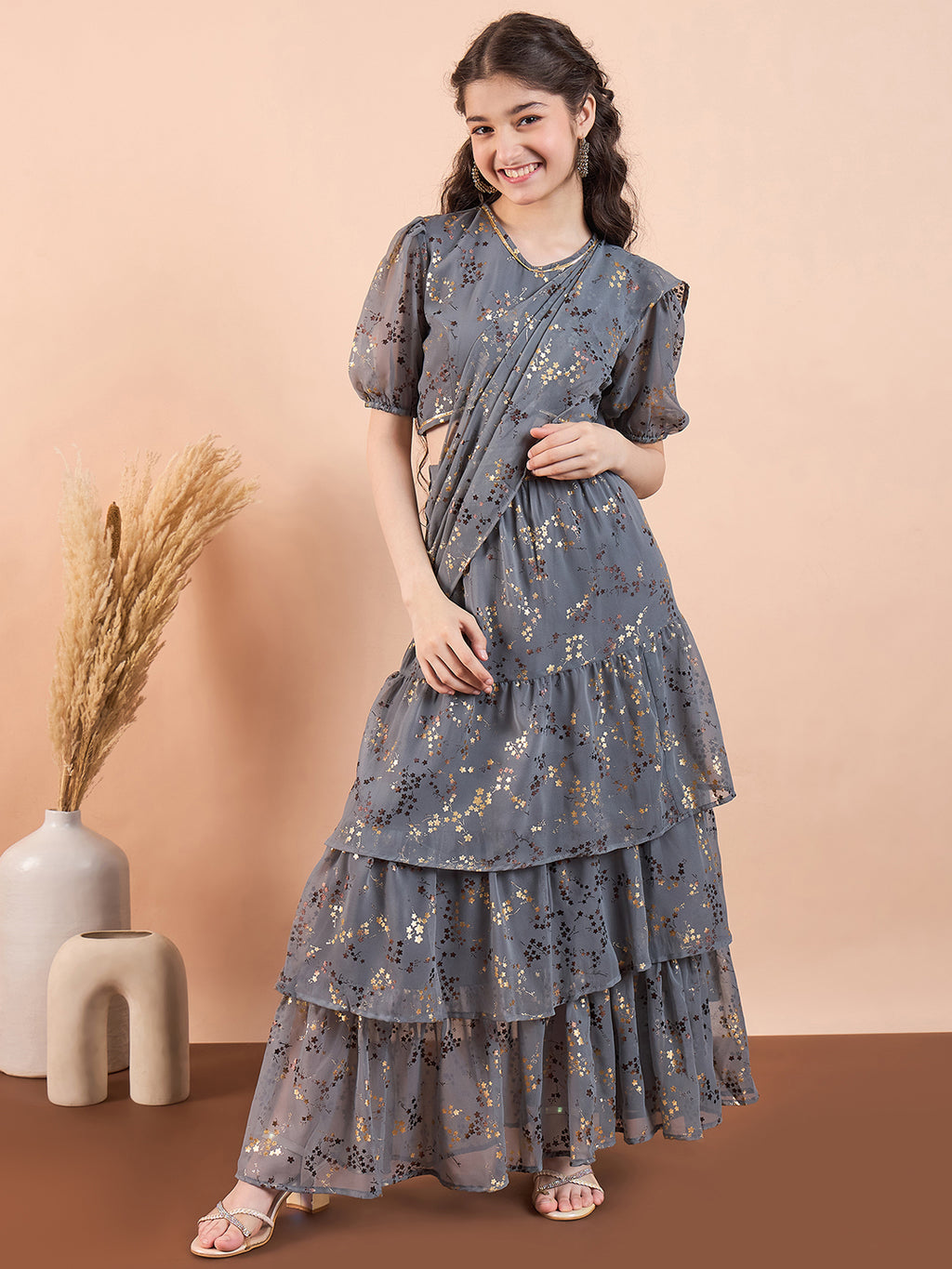 Girls Ankle Length Printed Lehenga Choli - Grey