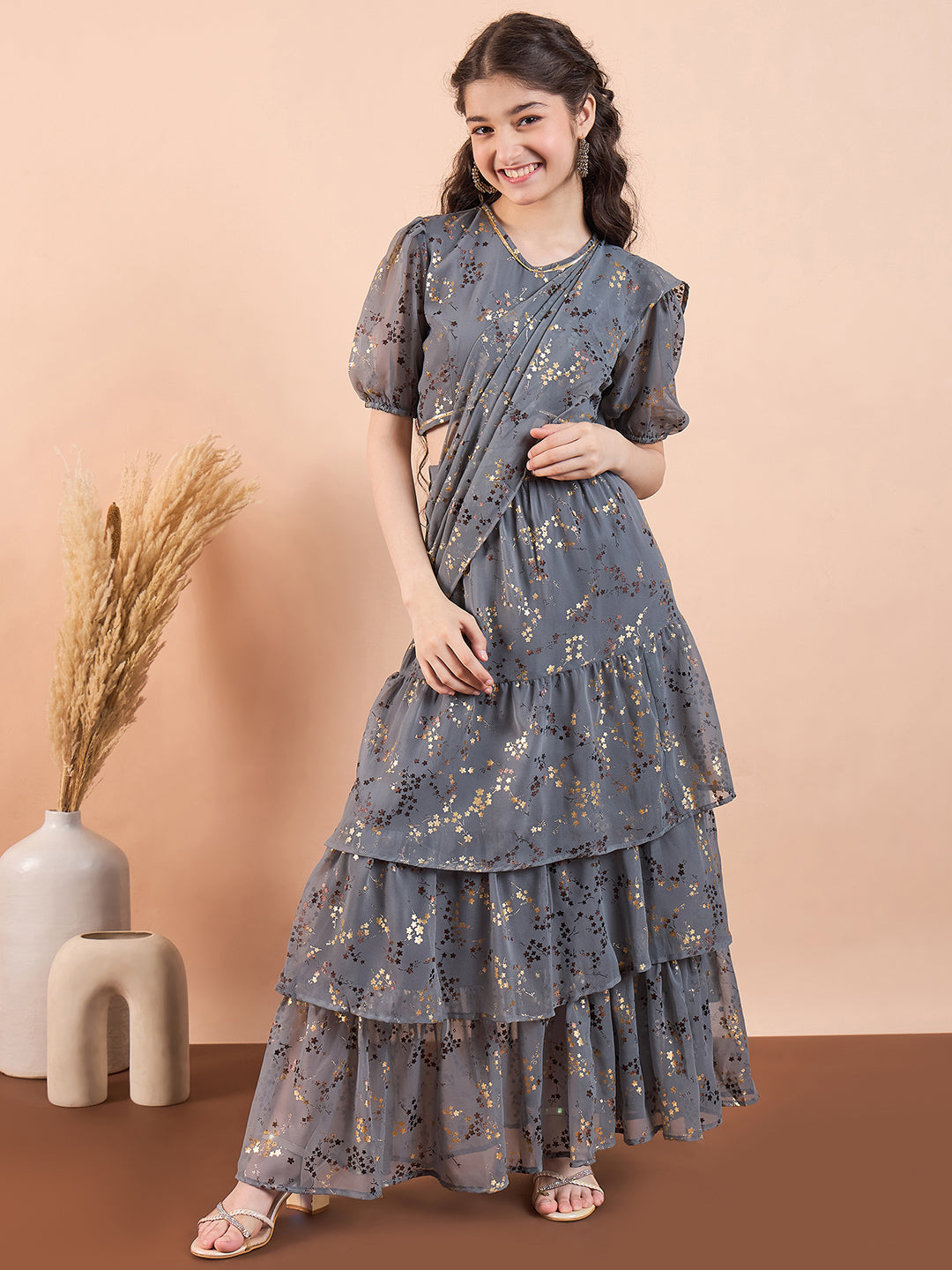 Girls Ankle Length Printed Lehenga Choli - Grey