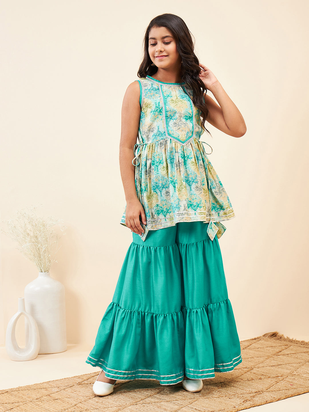 Girls Ankle Length Printed Kurti Set - Green