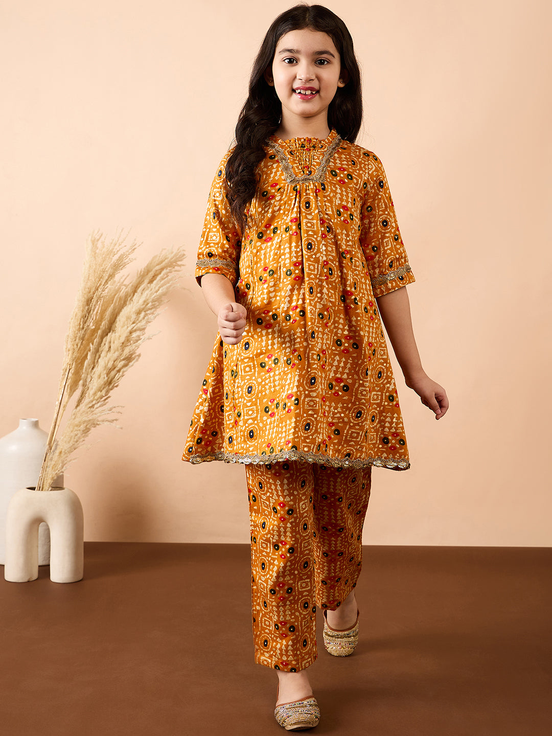 Girls Ankle Length All over Print Kurti Set - Yellow