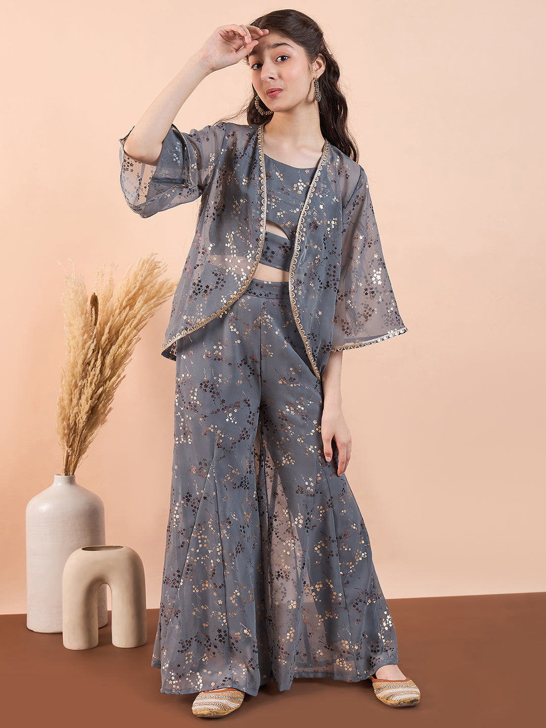 Girls Ankle Length Printed Kurti Set - Grey