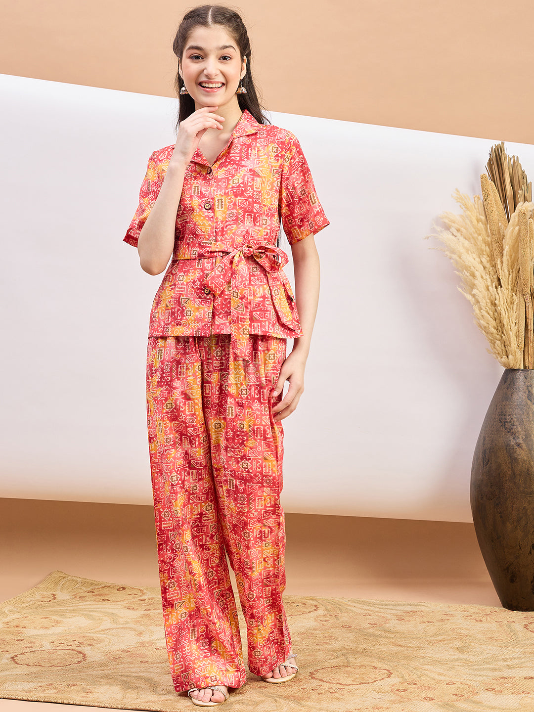 Girls Ankle Length Abstract Print Top With Pants - Multi