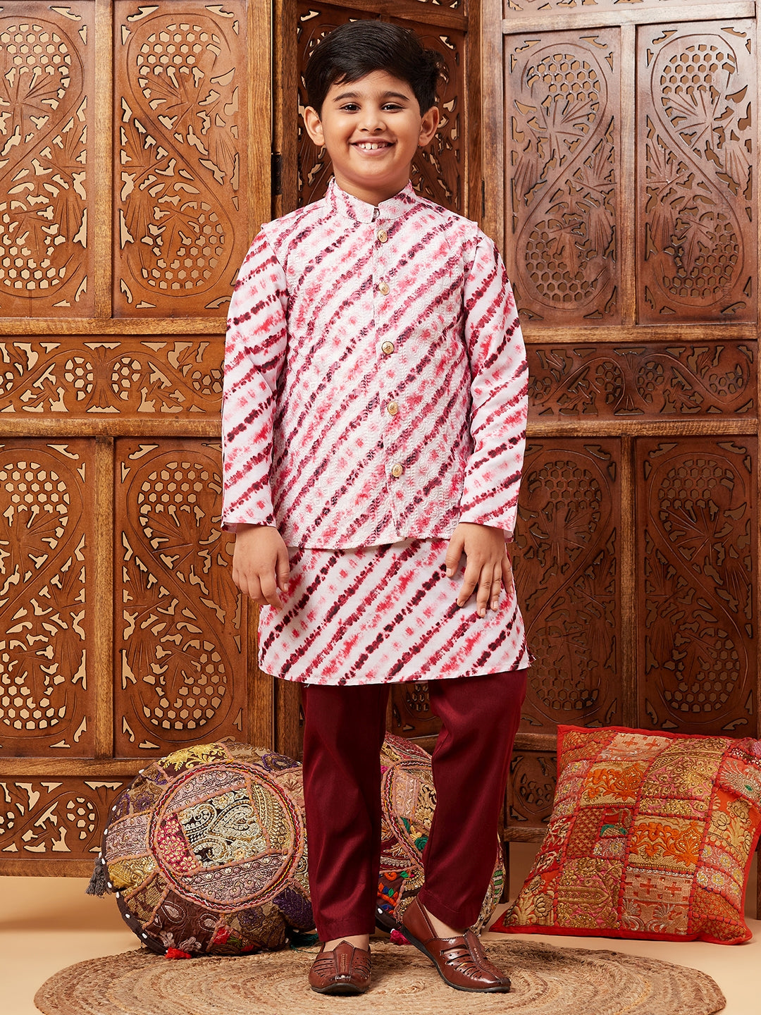 Boys Above Knee Embroidery Kurta Set with Jacket - Maroon