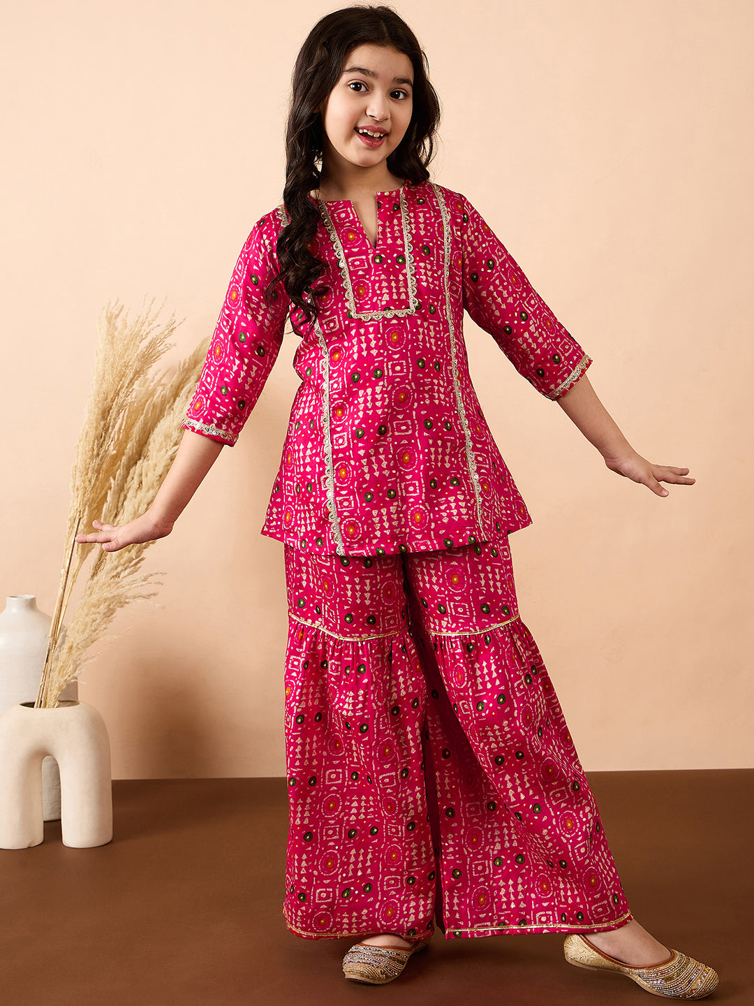 Girls Ankle Length All over Print Kurti Set - Magenta