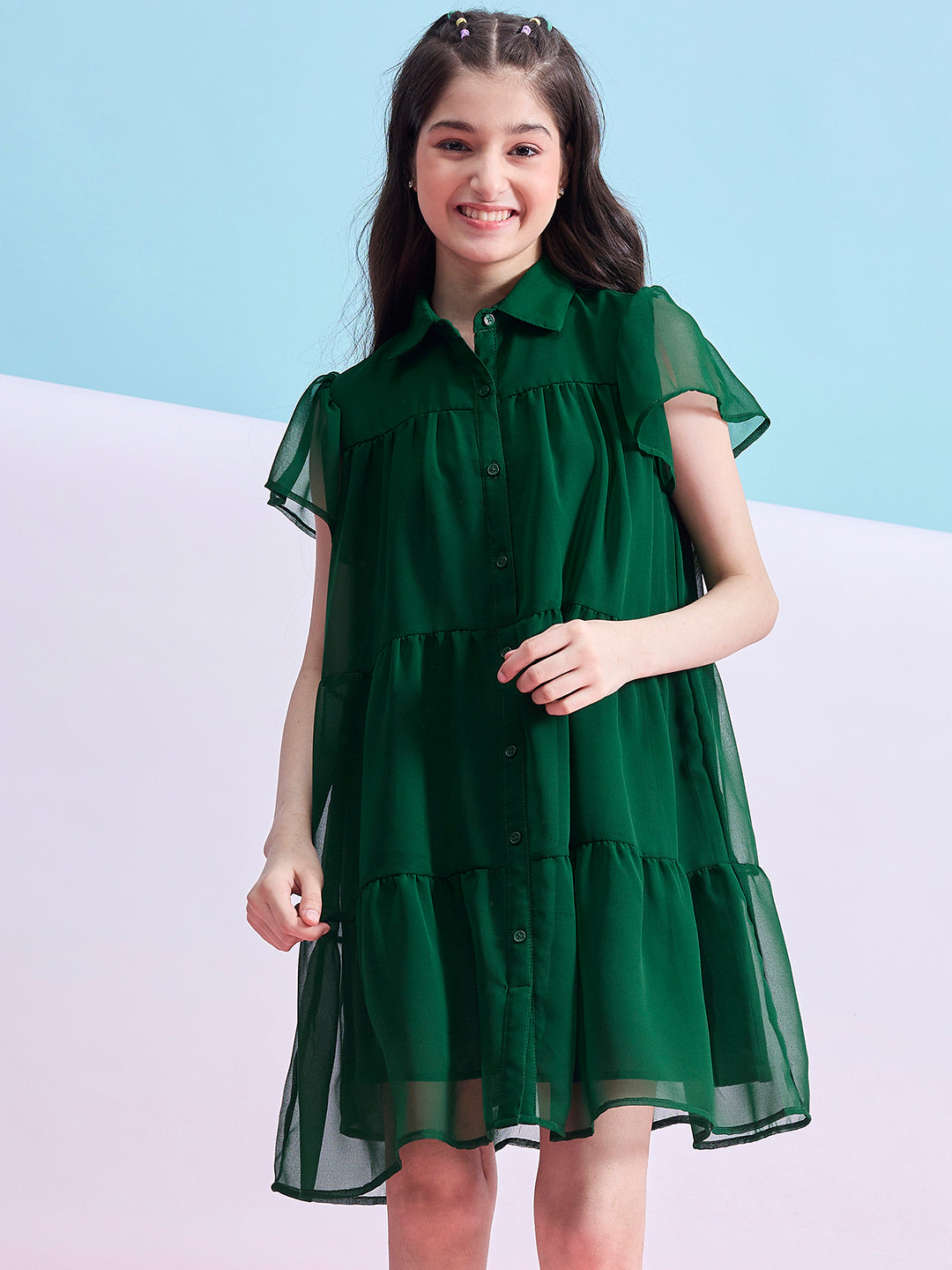 Girls Above Knee Solid Dress - Green