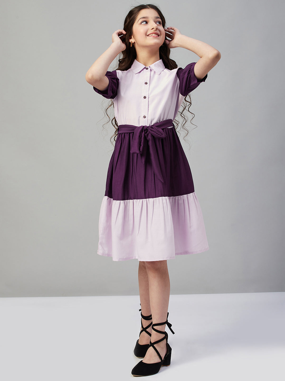 Girls Knee Length Solid Dress - Pink