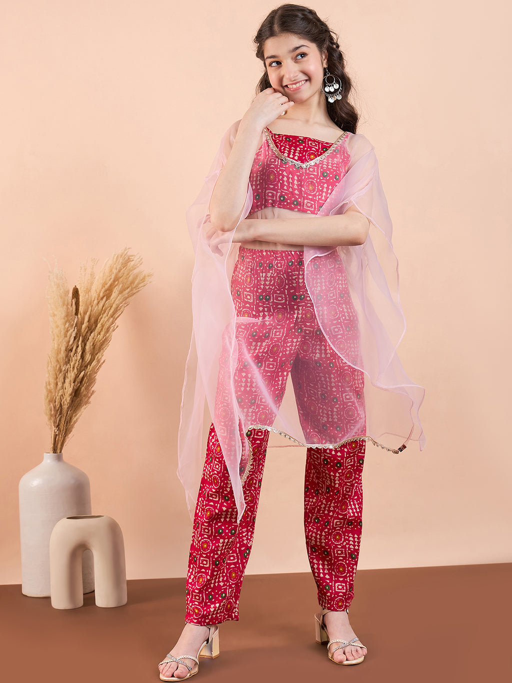 Girls Ankle Length Printed Kurti Set - Magenta