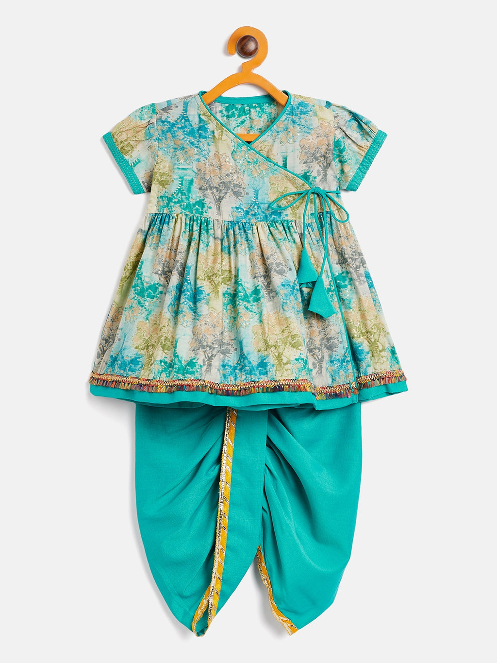 Girls Above Knee Printed Kurti Set - Green