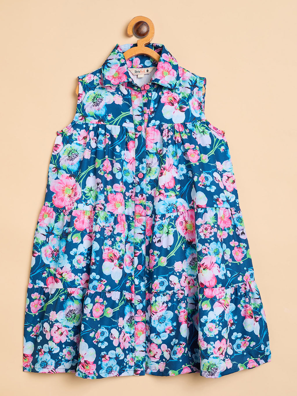 Girls Knee Length All over Print Dress - Blue