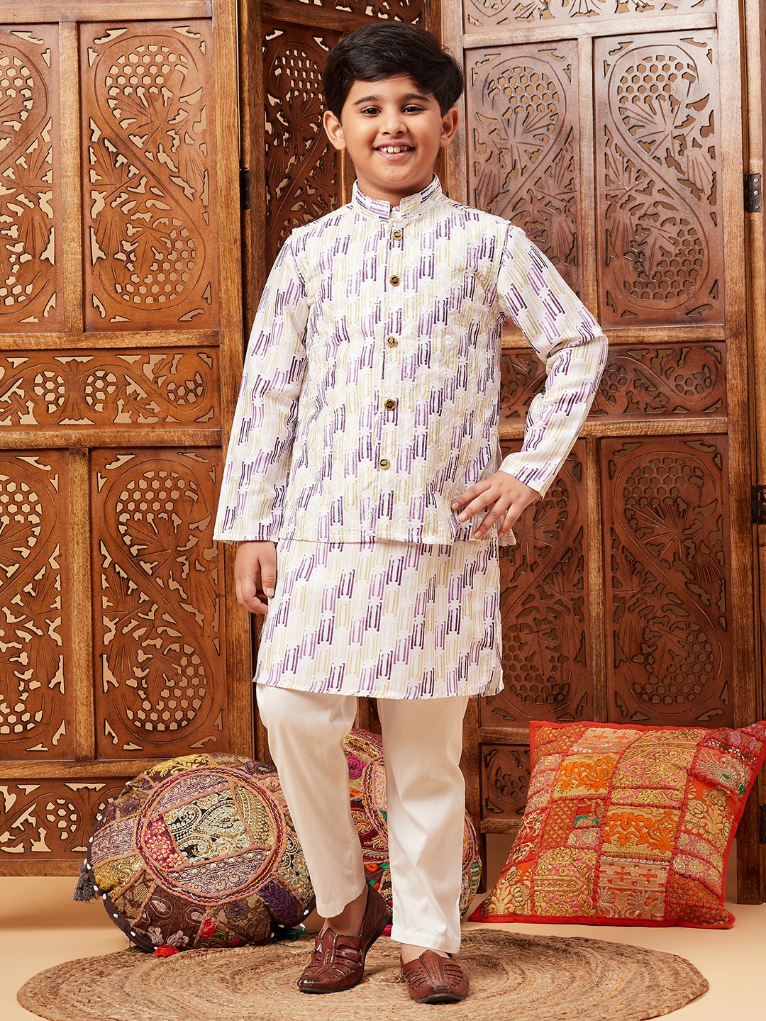 Boys Above Knee Embroidery Kurta Set with Jacket - Purple